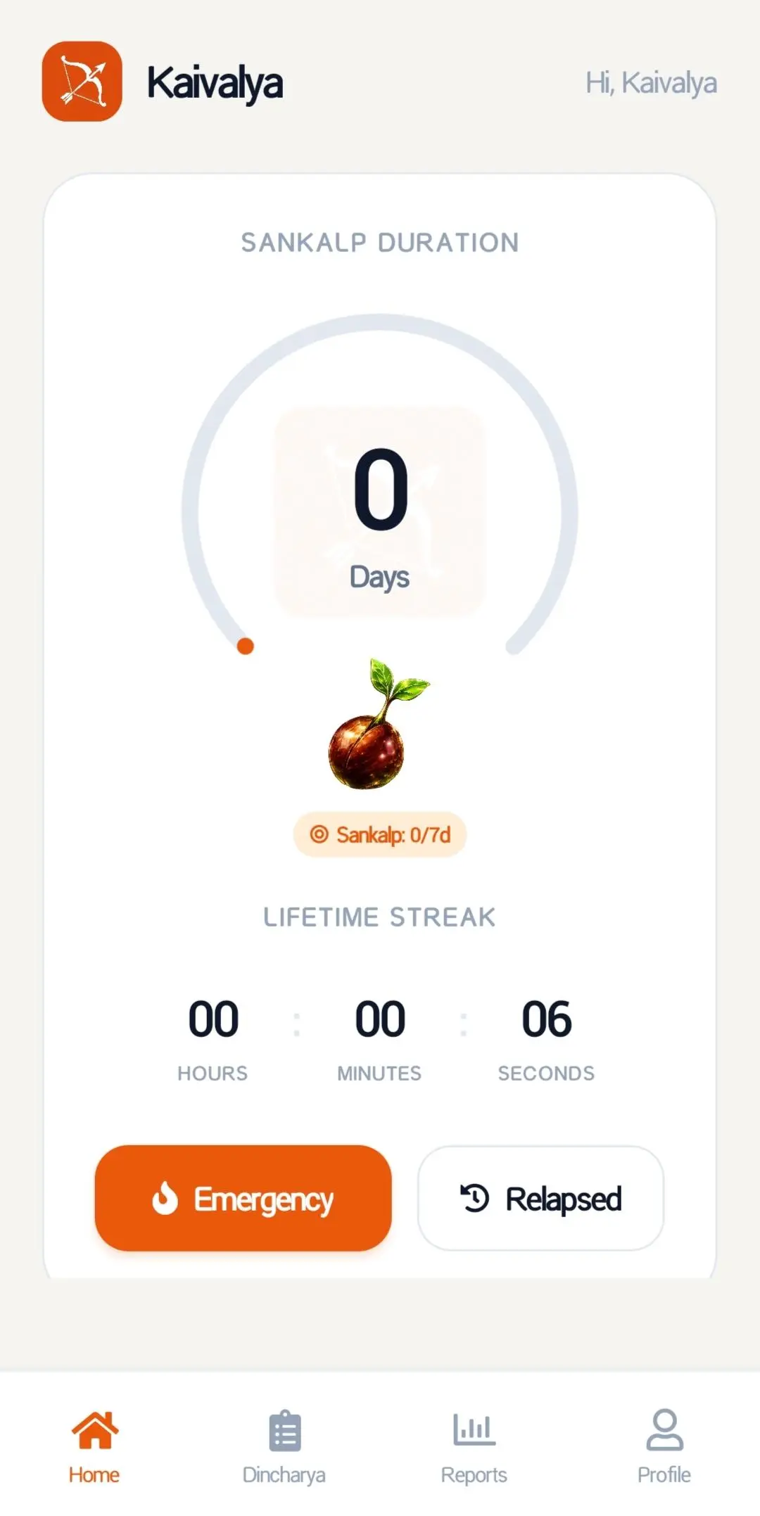 Kaivalya Brahmacharya Sankalp and Streak Tracker Screen